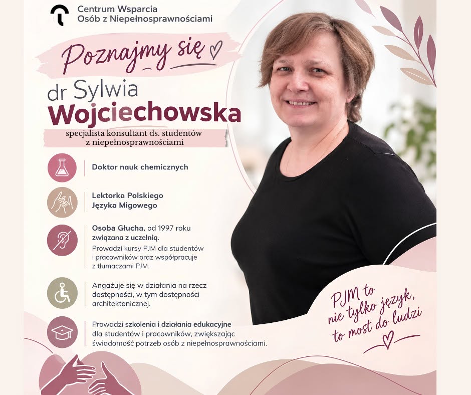 Plakat „Poznajmy się” przedstawiający dr Sylwię Wojciechowską i informacje o jej pracy jako lektorki Polskiego Języka Migowego.