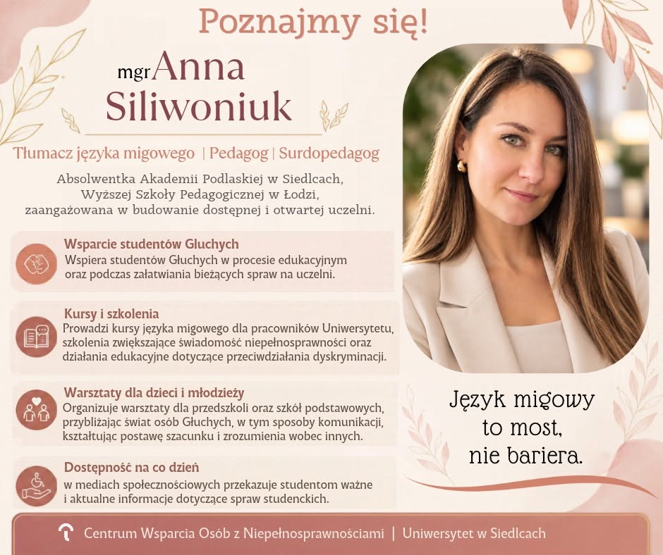 Plakat „Poznajmy się” przedstawiający mgr Annę Siliwoniuk i informacje o jej pracy oraz działalności edukacyjnej.