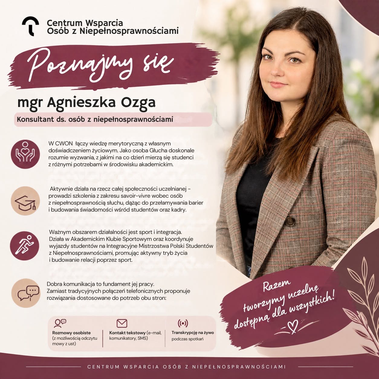 Plakat „Poznajmy się” przedstawiający mgr Agnieszkę Ozgę i informacje o jej pracy w Centrum Wsparcia. 