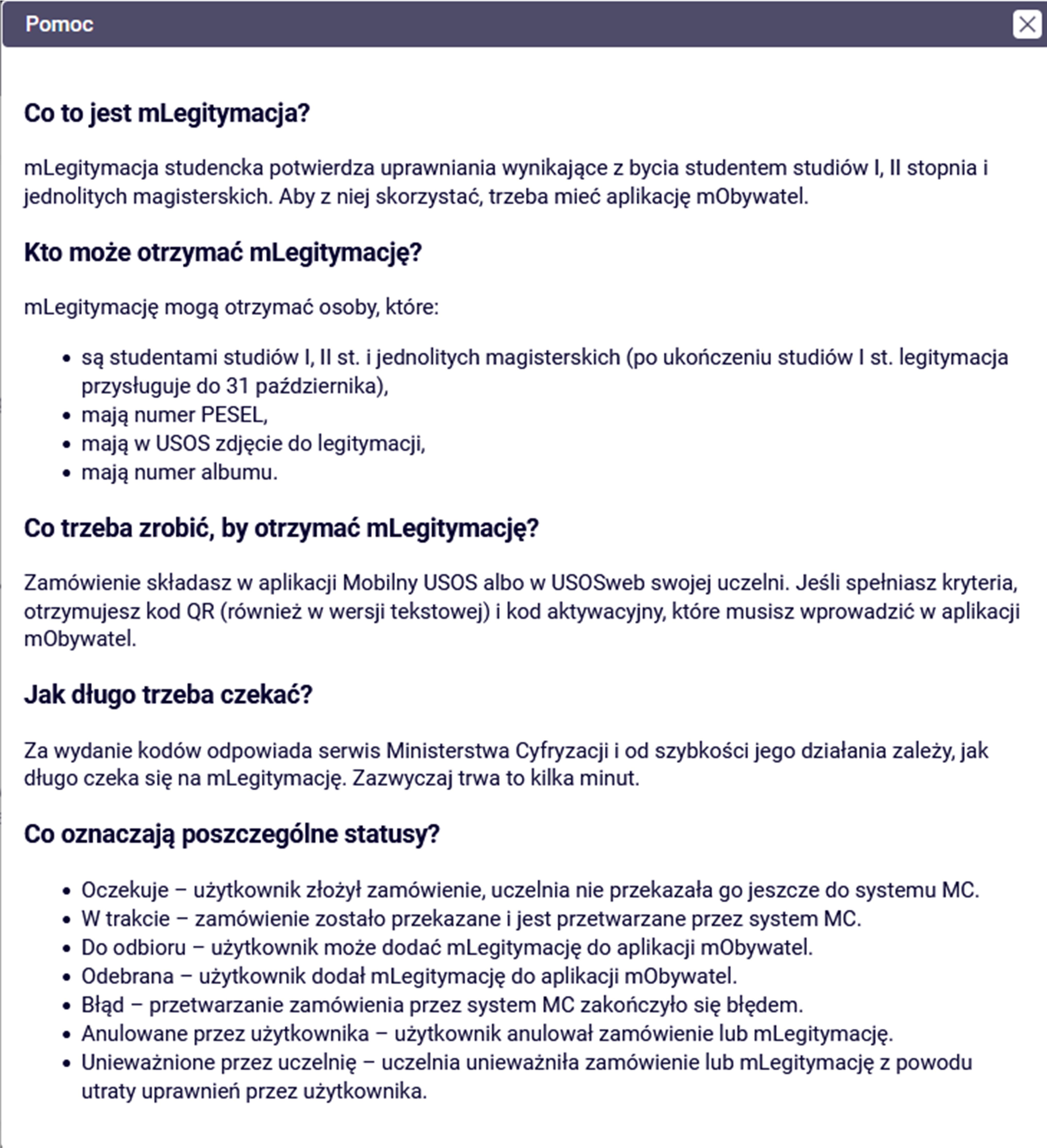 Okno Pomoc w USOSweb z informacjami o mLegitymacji, uprawnieniach, zamówieniu i statusach