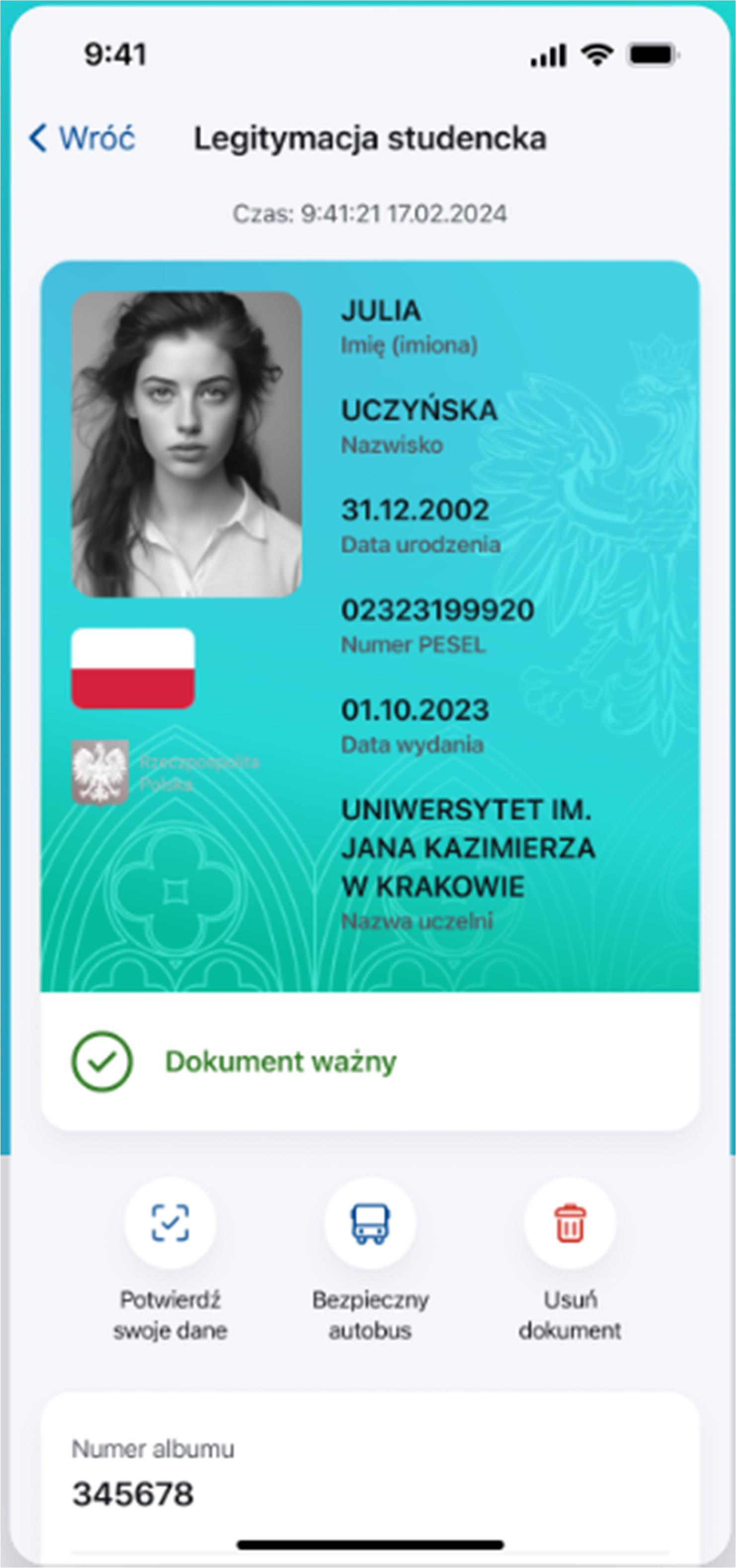 Widok mLegitymacji w aplikacji mObywatel
